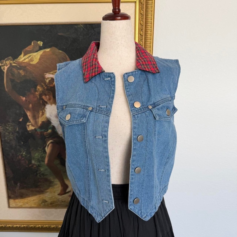 Vintage Grungy Denim Vest with Reversible Collar